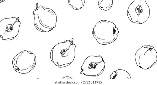 Ein nahtloses Muster aus handgezeichneten Quitten, einige ganz und einige halbiert, in einem minimalistischen Schwarz-Weiß-Linienart Stil.