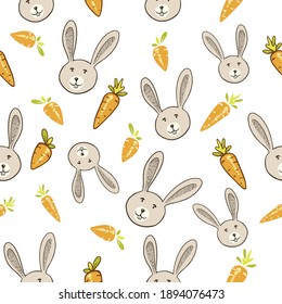 Seamless pattern of a hand-drawn rabbit and carrots. Design for children.