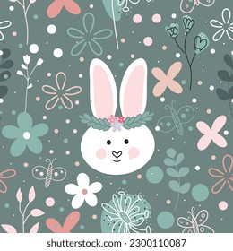 Seamless pattern. Hand-drawn rabbit muzzle, flowers and butterflies in the style of a doodle on a dark green background. Summer floral background. Scandinavian style for children.