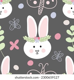 Seamless pattern. Hand-drawn rabbit muzzle, flowers and butterflies in the style of a doodle on a dark background. Summer floral background. Scandinavian style for children.