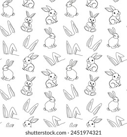 Patrón sin fisuras de conejos y orejas dibujados a mano. Diseño de conejitos de Pascua festivos. Dibujo continuo de una línea. Aislado sobre fondo blanco. Para decoración de Pascua, papel de embalaje, saludo, textil, impresión