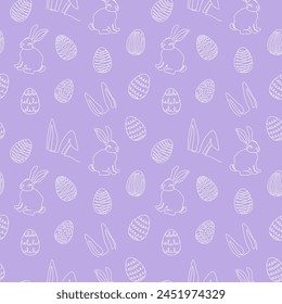 Seamless pattern of hand-drawn rabbits, ears, Easter eggs. Festive Easter bunnies design. Continuous line art. Isolated on purple backdrop. Easter decoration, wrapping paper, greeting, textile, print