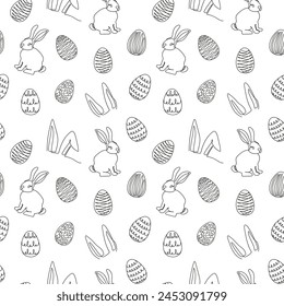 Seamless pattern of hand-drawn rabbits, ears, Easter eggs. Festive Easter bunnies design. Continuous line art. Isolated on white backdrop. Easter decoration, wrapping paper, greeting, textile, print