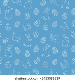 Seamless pattern of hand-drawn rabbits, ears, Easter eggs. Festive Easter bunnies design. Continuous line art. Isolated on blue backdrop. Easter decoration, wrapping paper, greeting, textile, print