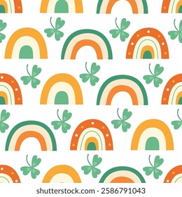 Seamless pattern with hand-drawn rainbows and shamrocks in festive green and orange tones. Perfect for St. Patrick’s Day fabric, wrapping paper, wallpaper, and holiday decorations