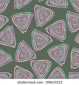 Seamless pattern with hand-drawn random triangles made of color swirling lines on green background