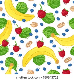 Seamless pattern with hand-drawn raspberrie, banana, spinach, blueberry and walnut. Exotic summer wallpaper with berrie, fruit, herb and nut. Backdrop with organic product. Vector
