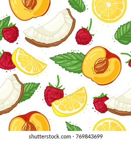 Seamless pattern with hand-drawn raspberrie, peach, mint, coconut and lemon. Exotic summer wallpaper with berrie, fruit, herb and nut. Backdrop with organic product. Vector