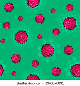 Seamless pattern. Hand-drawn raspberry berries on a green background. Vector illustration 