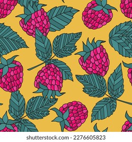 Seamless pattern of hand-drawn raspberry berries and leaves. Colorful vector illustration on yellow background.