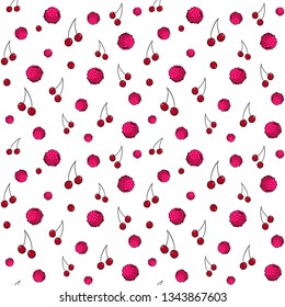 Seamless pattern. Hand-drawn raspberry and cherries on the white background. Vector illustration