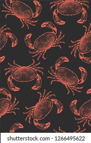 Seamless pattern with hand-drawn realistic crabs on black background. Vector.