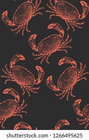 Seamless pattern with hand-drawn realistic crabs on black background. Vector. Idea of wrapping paper or fabric for apron.