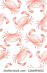 Seamless pattern with hand-drawn realistic crabs. Isolated on white. Vector.