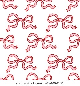 Padrão contínuo com arcos vermelhos desenhados à mão sobre fundo branco. Estilo de coquette bonito e feminino, perfeito para tecido, embalagem, papel de embalagem, papel digital, papelaria e projetos de design romântico.