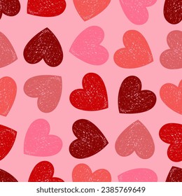 Seamless Pattern of Hand-Drawn Red and Burgundy Hearts on Pink Background. Style of Children's Drawing. Continuous Background with Like's Symbols for Packaging, Pack Paper, Wrapping Paper.