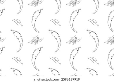 Seamless pattern with hand-drawn red chili peppers and fresh basil leaves. Spicy and aromatic design for food packaging, textiles, wallpapers, and culinary projects. 