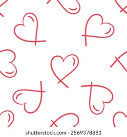 Seamless pattern with hand-drawn red hearts and lines in flat doodle style