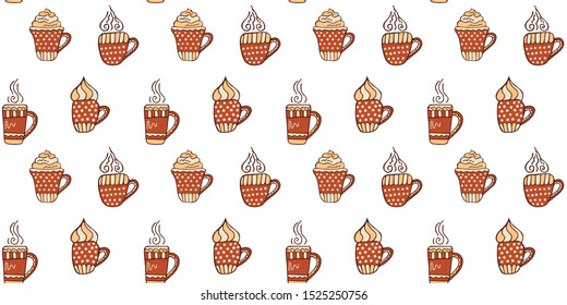 Seamless pattern of hand-drawn red-beige cups with tea, cappuccino and coffee, with foam and steam on a white background. Scandinavian style. Wrapping paper, wallpaper, fabric, textile, etc. Vector.