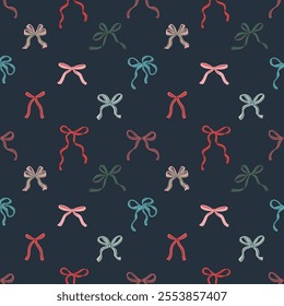 Seamless pattern of hand-drawn ribbon bows in various colors on a dark blue background. Decorative coquette design for wrapping paper, textile, wallpaper, cover, greeting cards.
