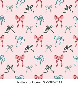 Seamless pattern of hand-drawn ribbon bows in various colors on a light pink background. Decorative coquette design for wrapping paper, textile, wallpaper, cover, greeting cards.