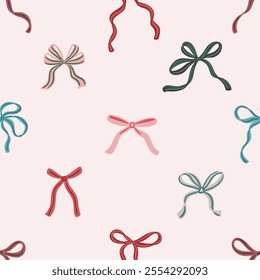 Seamless pattern of hand-drawn ribbon bows in various colors on a light pink background. Decorative coquette design for wrapping paper, textile, wallpaper, cover, greeting cards.