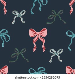 Seamless pattern of hand-drawn ribbon bows in various colors on a dark blue background. Decorative coquette design for wrapping paper, textile, wallpaper, cover, greeting cards.