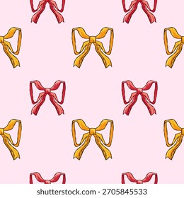 A seamless pattern with hand-drawn ribbon bows arranged in a soft pink layout, featuring alternating red and yellow bows. Suitable for textile prints, packaging, stationery and decorative design.