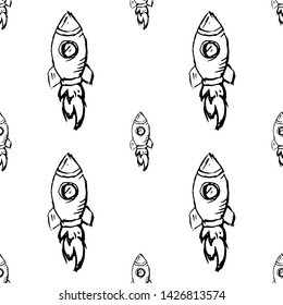Seamless pattern Handdrawn rocket doodle icon. Hand drawn black sketch. Sign symbol. Decoration element. White background. Isolated. Flat design. Vector illustration.