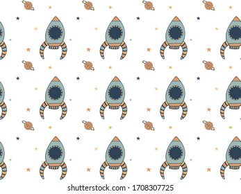 Seamless pattern of hand-drawn rockets, stars and saturns on a white background in Scandinavian style. Endless baby texture for fabric, wallpaper, textile, clothing, wrapping, space design. Vector.