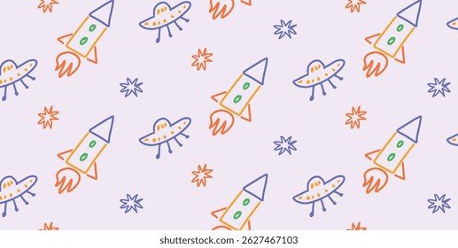 Padrão perfeito com foguetes desenhados à mão, OVNIs e estrelas em estilo infantil colorido. Elementos de rabiscar dispostos diagonalmente. Ilustração vetorial para crianças têxtil, revestimento, papel de parede e design criativo