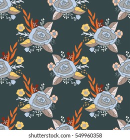 Seamless pattern of hand-drawn rose bouquets in blue and gray on dark green background