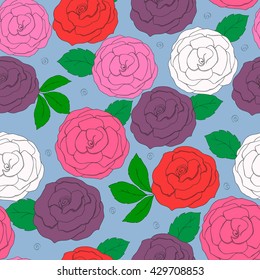 Seamless pattern with hand-drawn roses. Airy Blue background