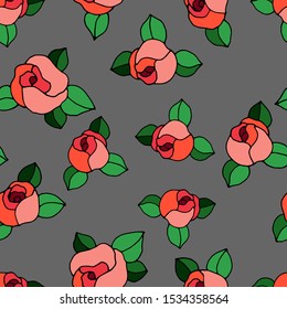 seamless pattern with hand-drawn roses in bright colors