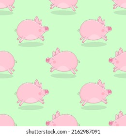 Seamless pattern of hand-drawn running pigs on an isolated green background. Vector illustration of piglets for New Year, prints, wrapping paper, cards, children, clothes, decor, farm, food.