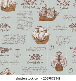 Seamless pattern with hand-drawn sailboats, various sea knots, anchors and handwritten text Lorem ipsum on a grey backdrop. Vintage vector background on the theme of sea travels and adventures