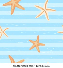 Seamless pattern with hand-drawn sailor stripes and starfish. Blue and white striped background. Doodle style marine theme. Abstract background. Vector illustration.