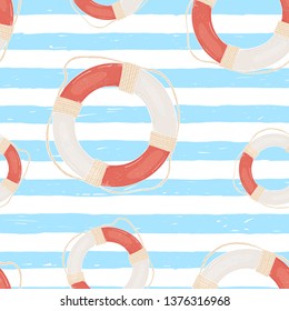 Seamless pattern with hand-drawn sailor stripes and life ring. Blue and white striped background. Doodle style marine theme. Abstract background. Vector illustration.