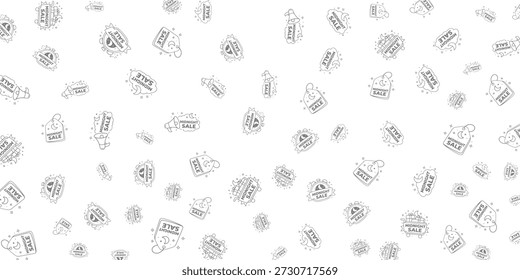 Ein nahtloses Muster aus handgezeichneten Sale-Tags, einschließlich Mitternachtsverkauf, mit einem Motiv aus Mond und Sternen, perfekt für Einzelhandelsaktionen.