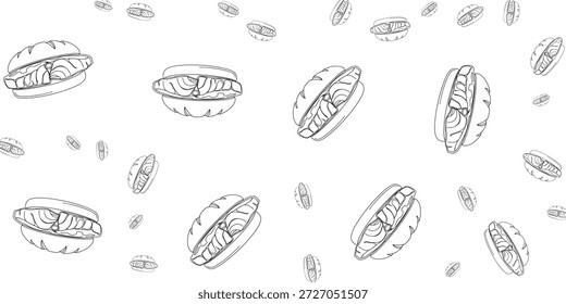 Ein nahtloses Muster aus handgezeichneten Lachs-Sandwiches, die auf weißem Hintergrund verstreut sind. Das Muster umfasst mehrere Instanzen des Sandwiches, einige größer und einige kleiner, die Schaffung eines spielerischen und Essen-Themen-Design.