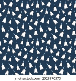 Seamless pattern of hand-drawn school bells on a dark blue background. Concept of school, education, playful stationery design, Holiday Decor, Festive, Winter Celebration