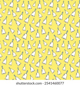 Seamless pattern of hand-drawn school bells on a bright yellow background. Concept of school, education, playful stationery design, Holiday Decor, Festive Season, Winter Celebration