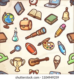 Seamless pattern with hand-drawn school doodles on old paper background.