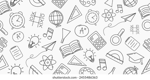 Seamless pattern with hand-drawn school supplies. Back to school. Vector illustration