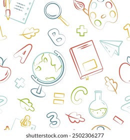 Seamless pattern with hand-drawn school supplies. Back to school. Vector illustration