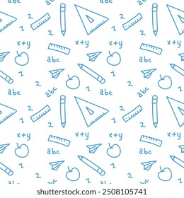 Seamless pattern of hand-drawn school supplies, including pencils, rulers, and apples, in a vector illustration style.