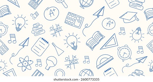 Seamless pattern with hand-drawn school supplies. Back to school. Vector illustration