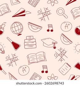 Seamless pattern with hand-drawn school supplies icons. Education design coquette elements. Vector illustration.
