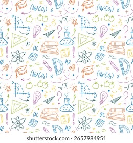 Padrão perfeito com material escolar desenhado à mão. Química, geometria e física no estilo doodle. Conceito de educação - De volta à escola. Desenhos coloridos.