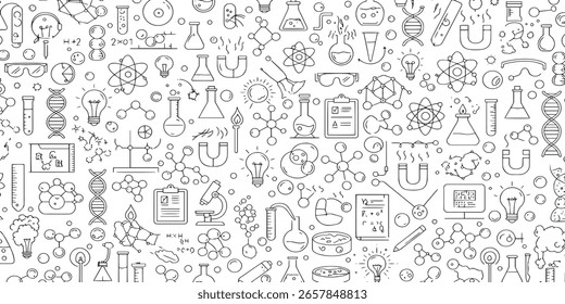 Un patrón sin fisuras de iconos de la ciencia dibujados a mano, que incluye moléculas, ADN, vasos de precipitados, microscopios y bombillas.